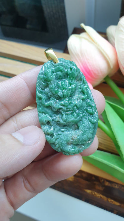 18K Gold Jade Dragon Pendant Fei Cui Type A Natural Green Jadeite
