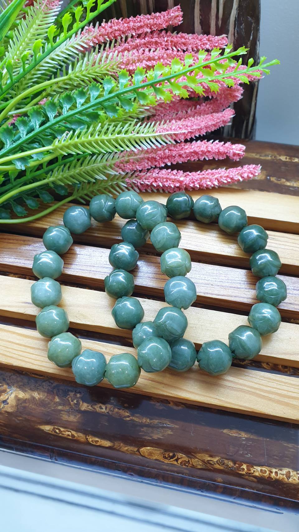 Lotus Jade Bracelet 17cm Natural Green Type A Myanmar Jadeite 12mm Beads