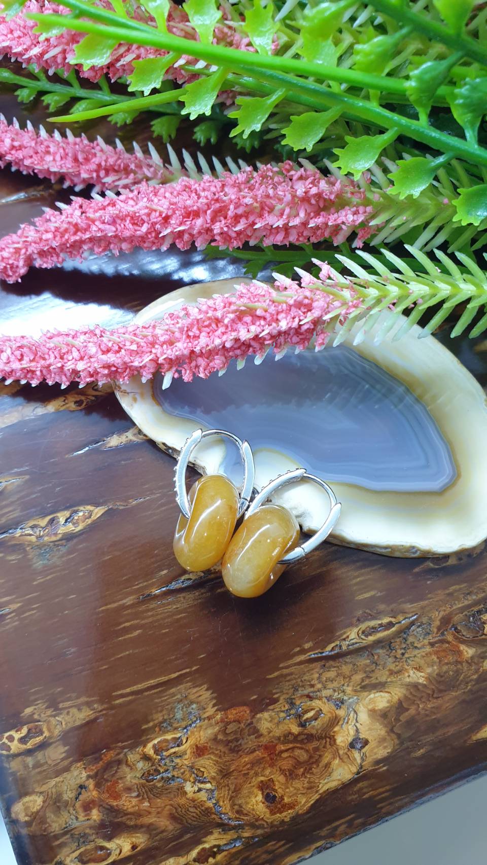 Honey Orange Jade Ping An Kou Sterling Silver Hoop Earrings Type A Natural Jadeite