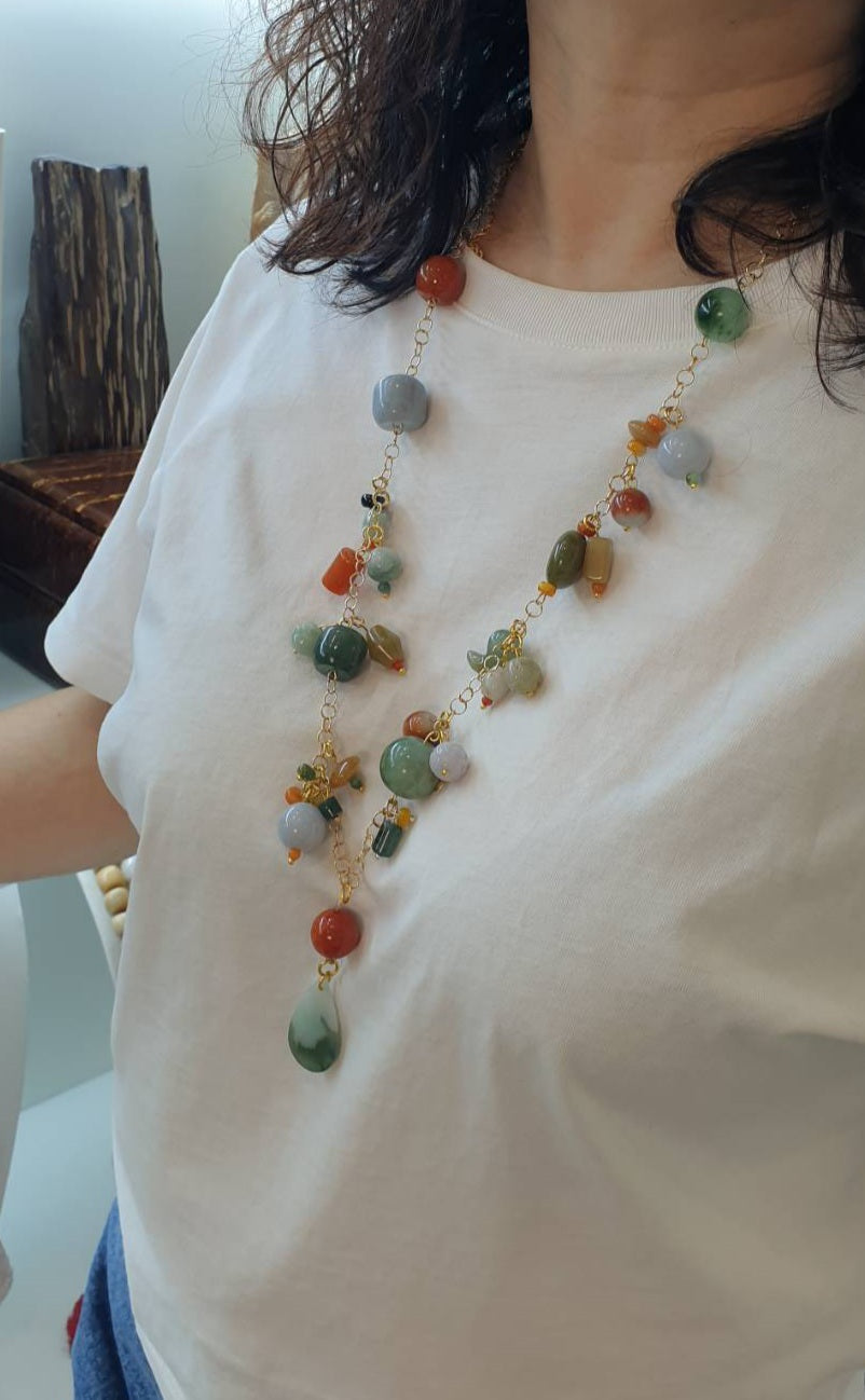 Jade Charmed Opera Necklace - Natural Jadeite and 14K Gold-Filled