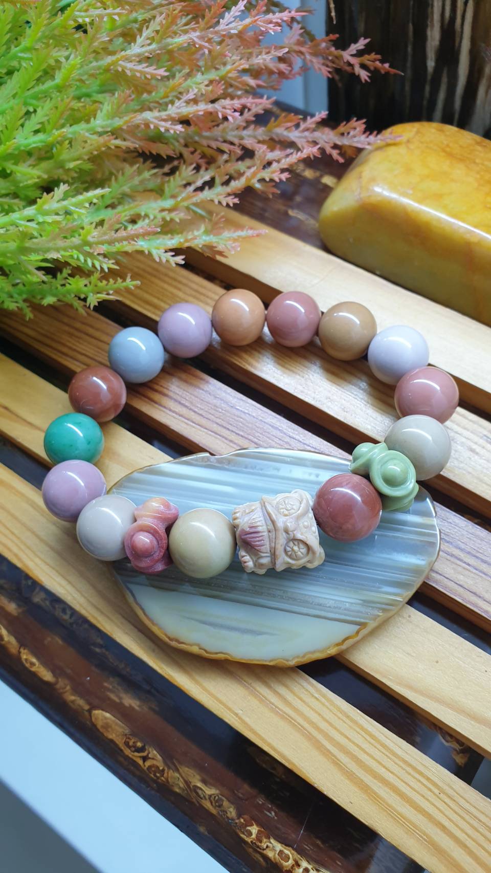 Alxa Jasper Singha Bracelet 17cm Earth Tone Natural Gemstone Beads and Charm