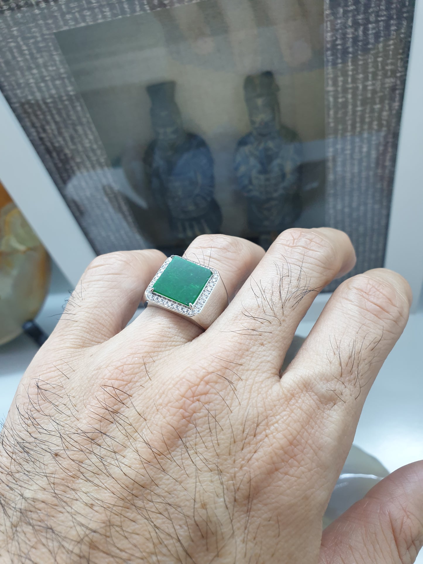 Green Jade Signet Style Ring | Type A Natural Jadeite | Sterling Silver