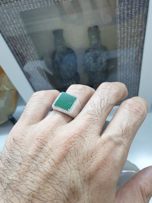 Green Jade Signet Style Ring | Type A Natural Jadeite | Sterling Silver
