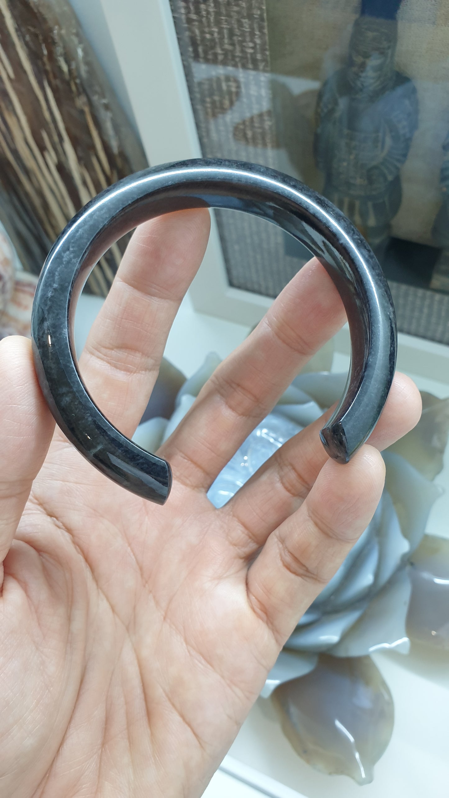 Jade Cuff Bangle Size 62 - 63 Type A Natural Black Jadeite