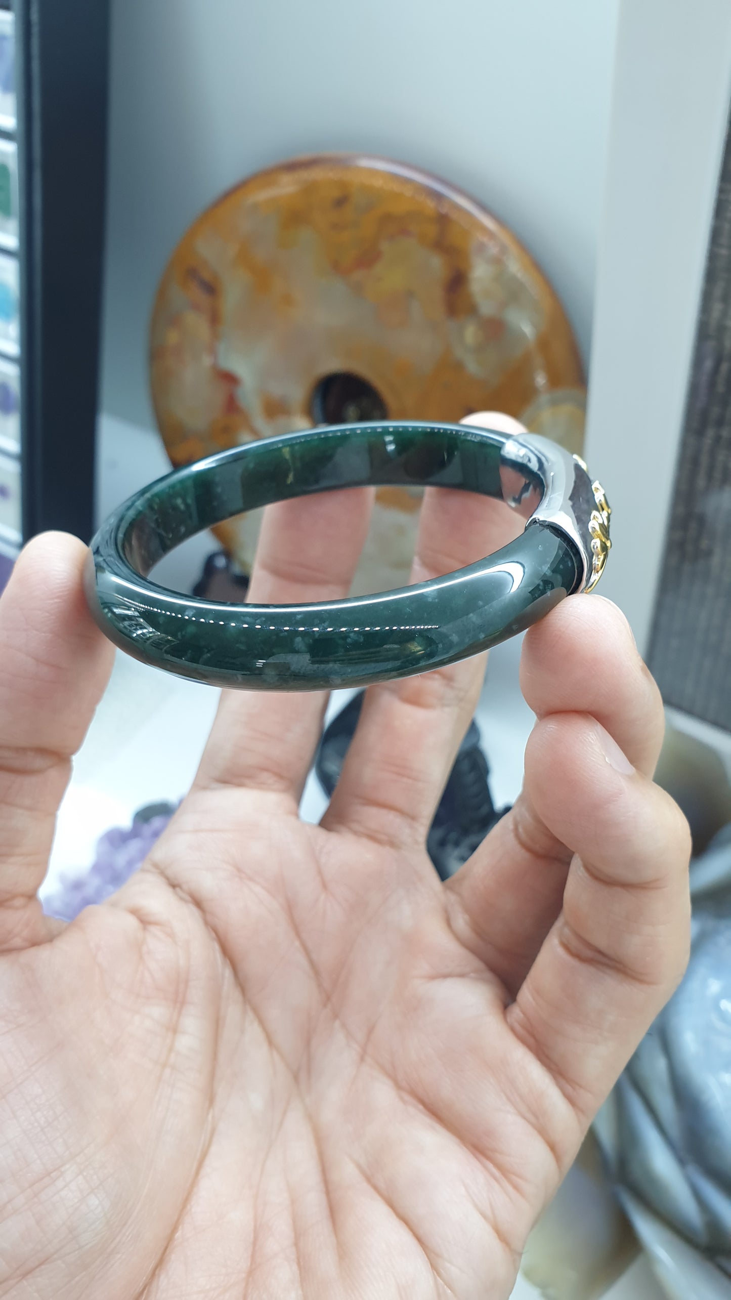 Trèfles Chanceux on Blue Jade Bangle (S 58) | Solid 9K Gold, Fei Cui Original Jadeite | Elegant Fortune Charm Wrist Candy