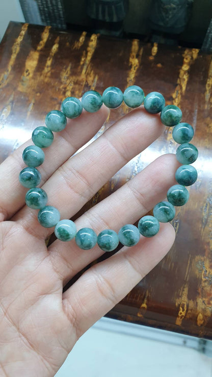 Premium Type A Natural Green-Marbled Jadeite 17cm Bracelet  Stretch Fit