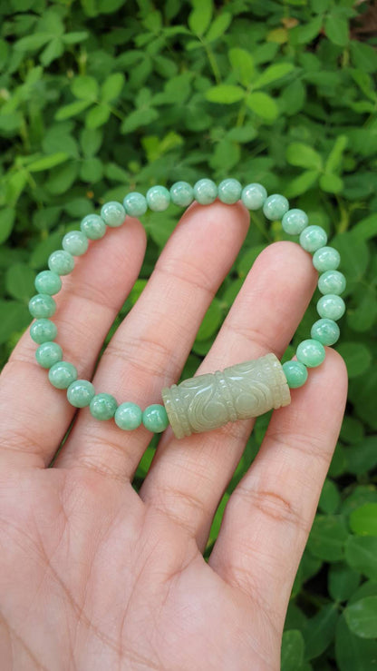 Apple Green Jade Beads Bracelet 17cm Ru Yi Cylinder Charm Type A Myanmar Jadeite