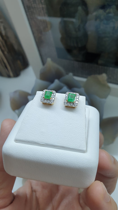 Emerald & Diamond Stud Earrings | 14K Gold Fine Jewelry