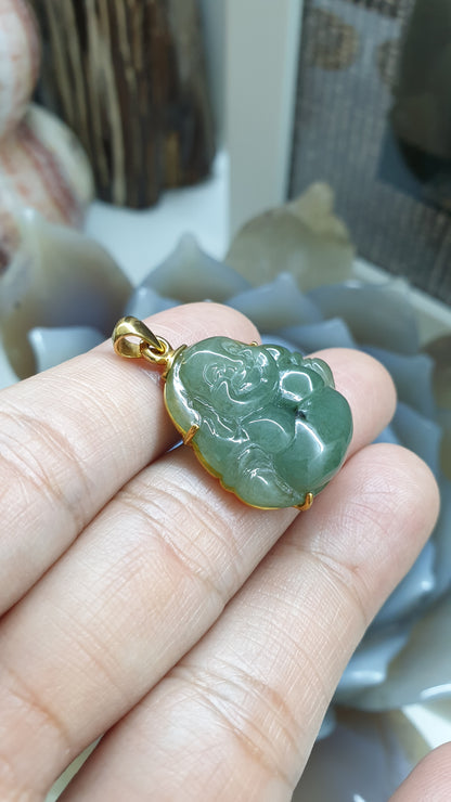 Jade Happy Buddha Pendant | Solid 9K Gold | Wealth & Fortune Jewelry