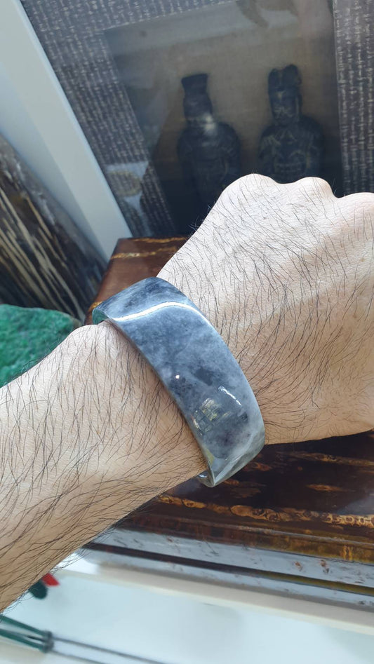 Jade Cuff Bangle (Size 62 - 63) | Speckled Black, Type A Natural Jadeite | Vintage Wrist Accessory