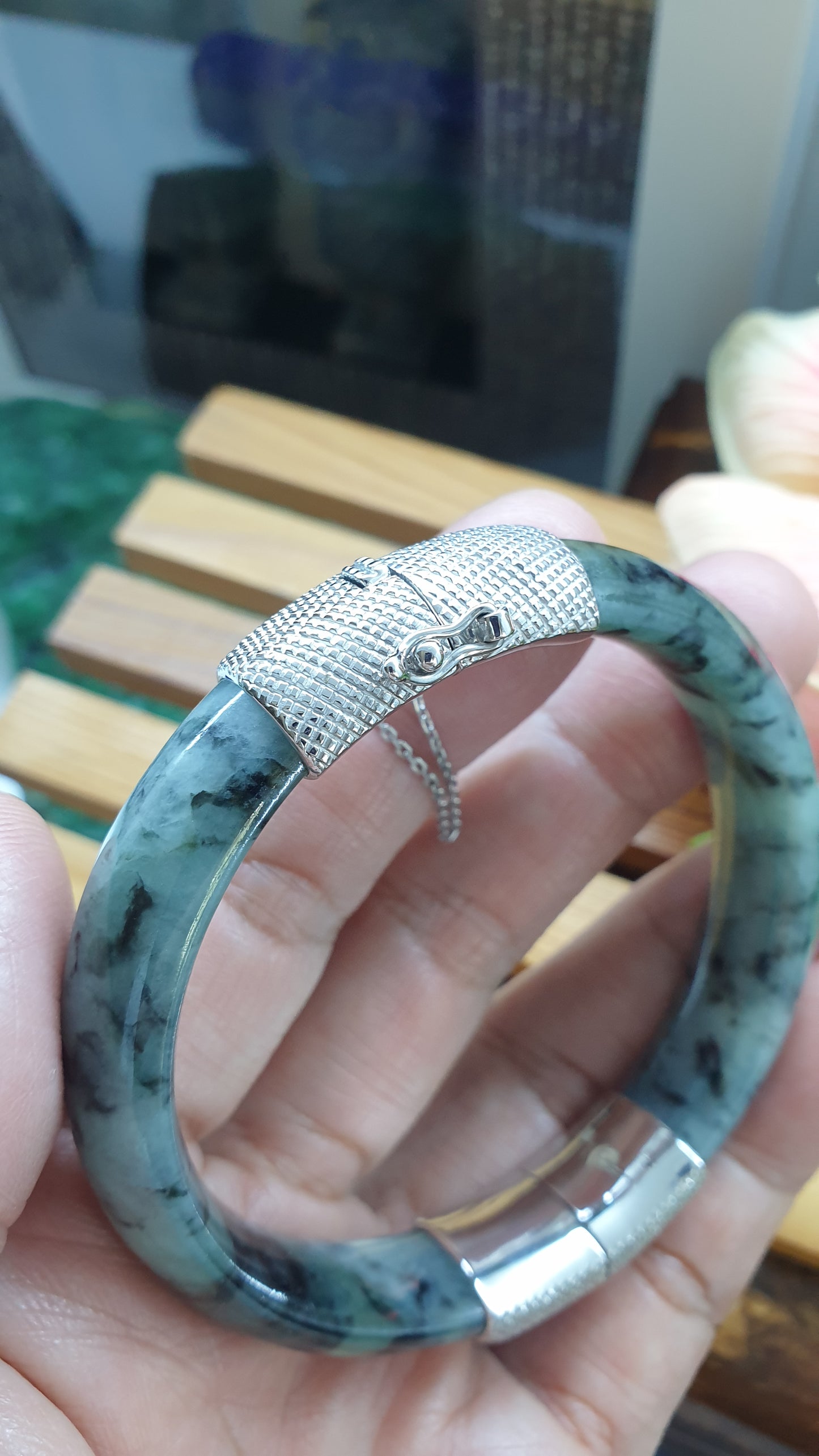 Jade Split Bangle S57 Type A Natural Blue Jadeite Sterling Silver Designer Locks