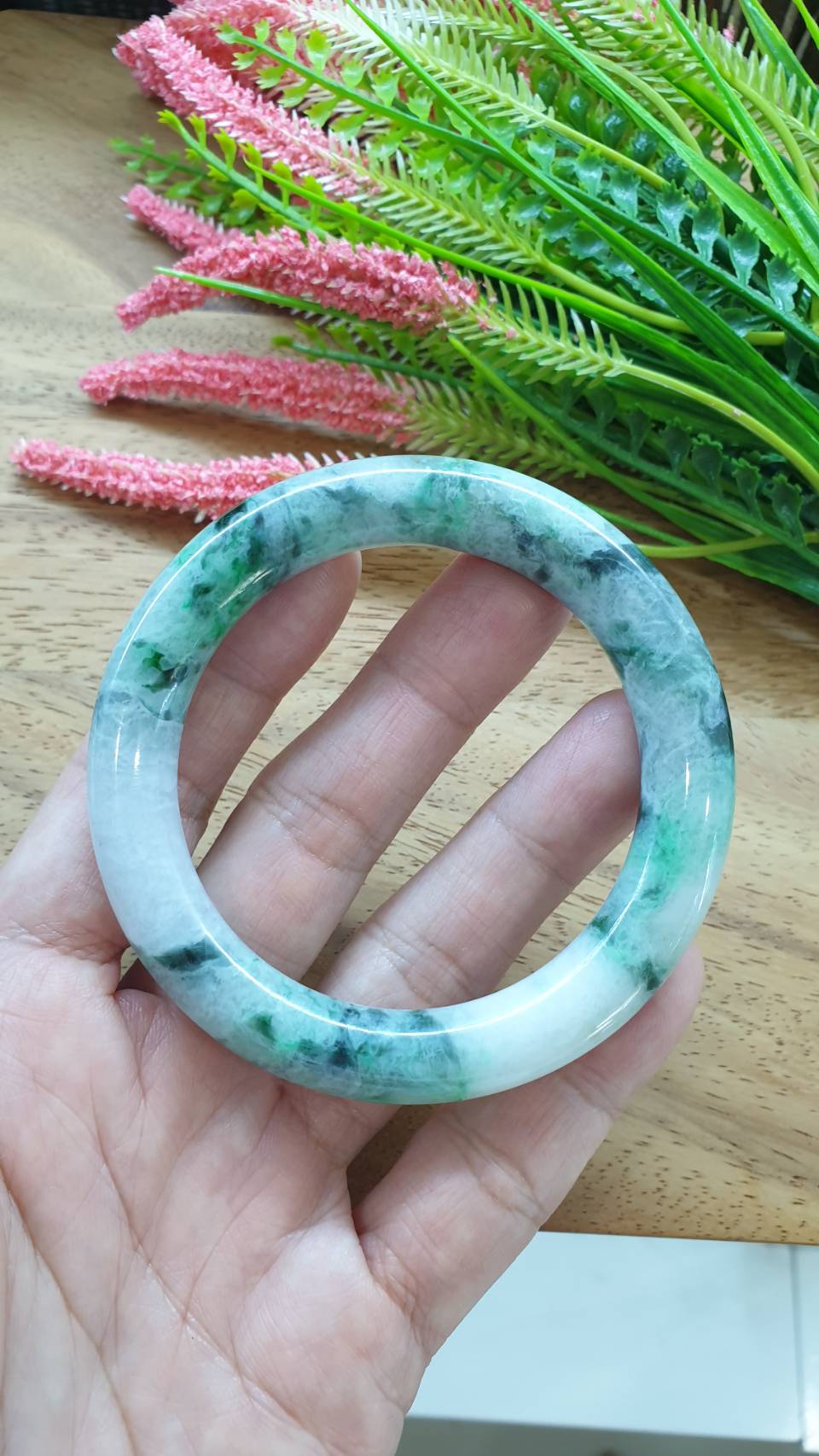 Jade Cylindrical Bangle S58 Marbled Green Fei Cui Type A Natural Jadeite