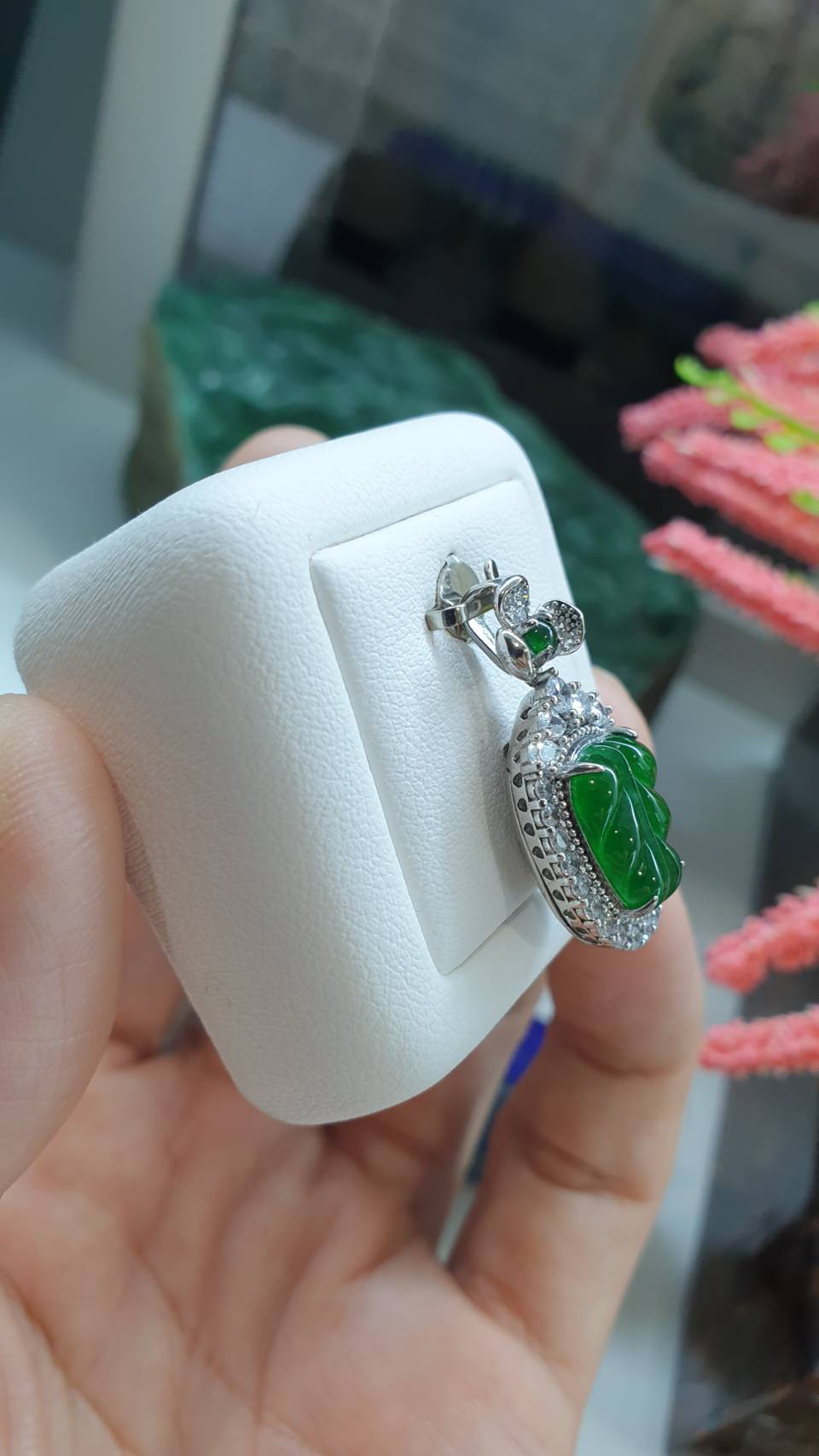 Jade Leaf Sterling Silver Locket Pendant Type A Natural Imperial Green Jadeite