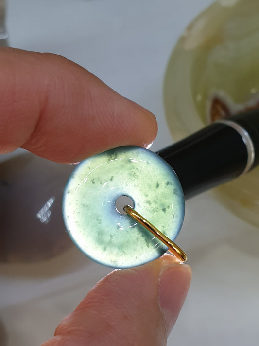 18K Gold Blue Jade Ping An Kou Spinning Pendant Type A Natural Jadeite 22mm Disc