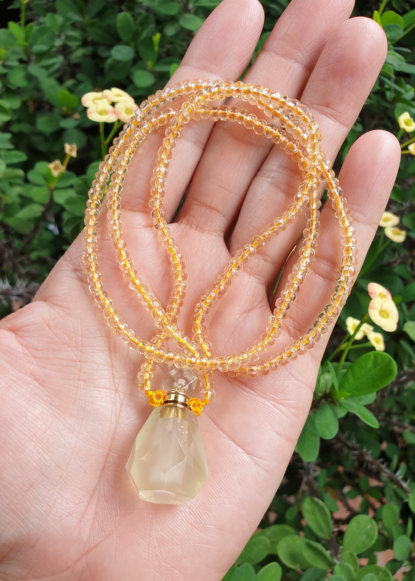 Yellow Quartz Perfume Bottle in Beaded Necklace (24") | Cute Snuff Bottle Necklace