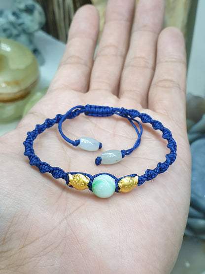24K Pure Gold Koi Fish and Moss in Snow Jade Braided Bracelet Natural Jadeite