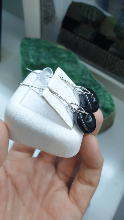 Ping An Kou Jade Sterling Silver Threader Earrings (40mm) Type A Natural Black Jadeite