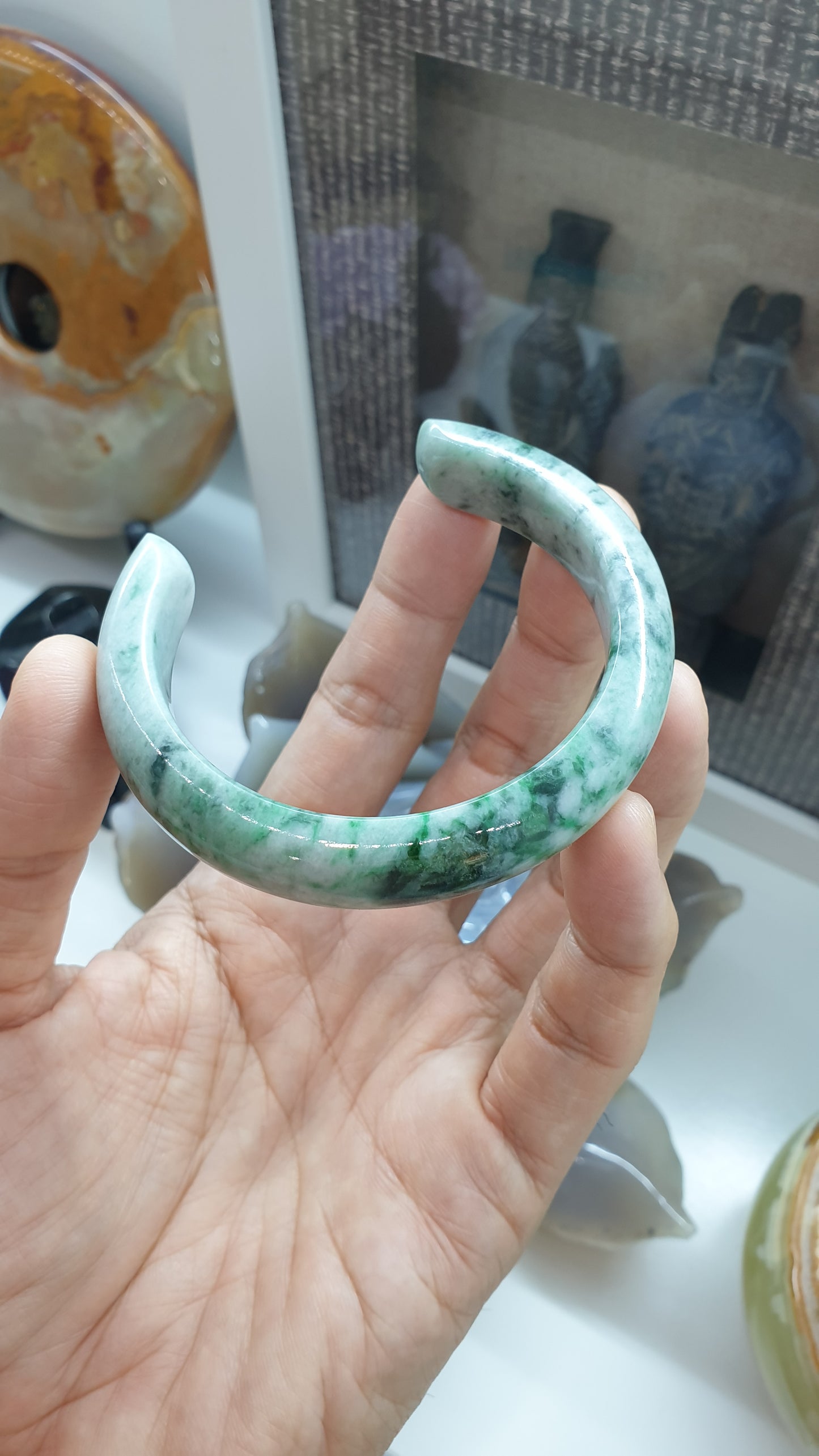 Jade Cuff Bangle Size 58 - 59 Type A - Natural Green Marbled Jadeite