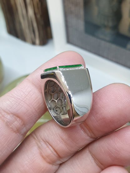 Green Jade Signet Style Ring | Type A Natural Jadeite | Sterling Silver
