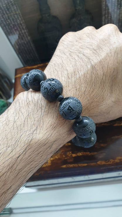 Mani Mantra Bracelet (18.5 cm) | Type A - Natural Black Jade Beads | Statement Wrist Accessory