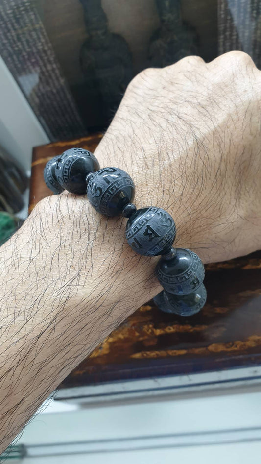 Mani Mantra Black Jade 18.5cm Bracelet - Type A Natural Jadeite