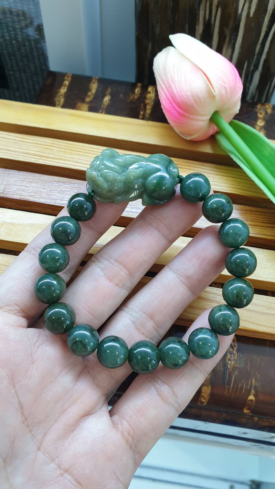 Green Jade Pixiu Wealth Bracelets 17cm Fei Cui Type A Natural Jadeite