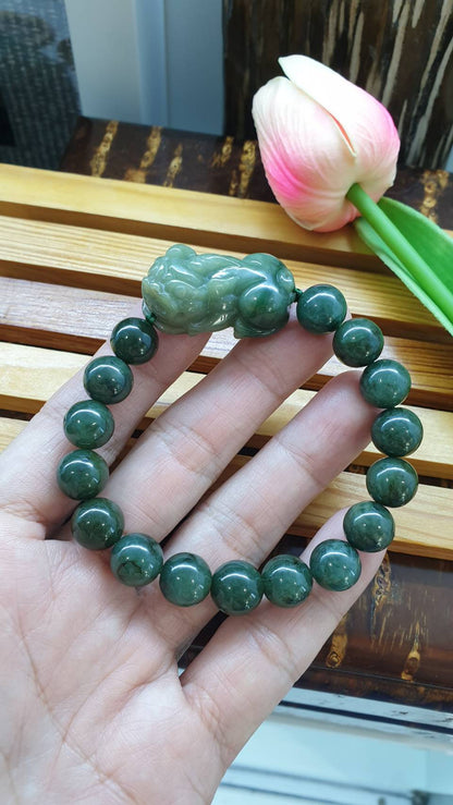 Green Jade Pixiu Wealth Bracelets 17cm Fei Cui Type A Natural Jadeite