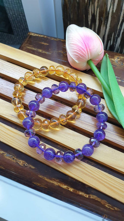Citrine and Amethyst Paired Bracelets 17 cm - Natural Gemstone Beads