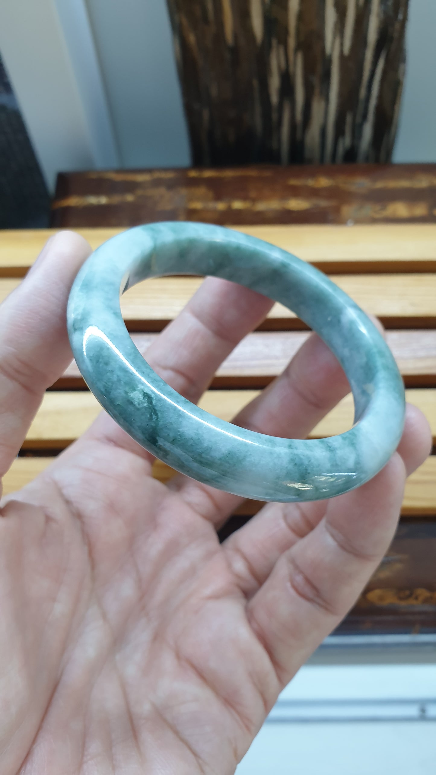 Jade Bangle S54 Type A Myanmar Natural Jadeite Marbled Bluish Green