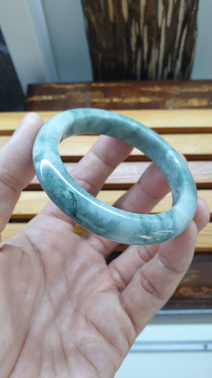 Jade Bangle S54 Type A Myanmar Natural Jadeite Marbled Bluish Green
