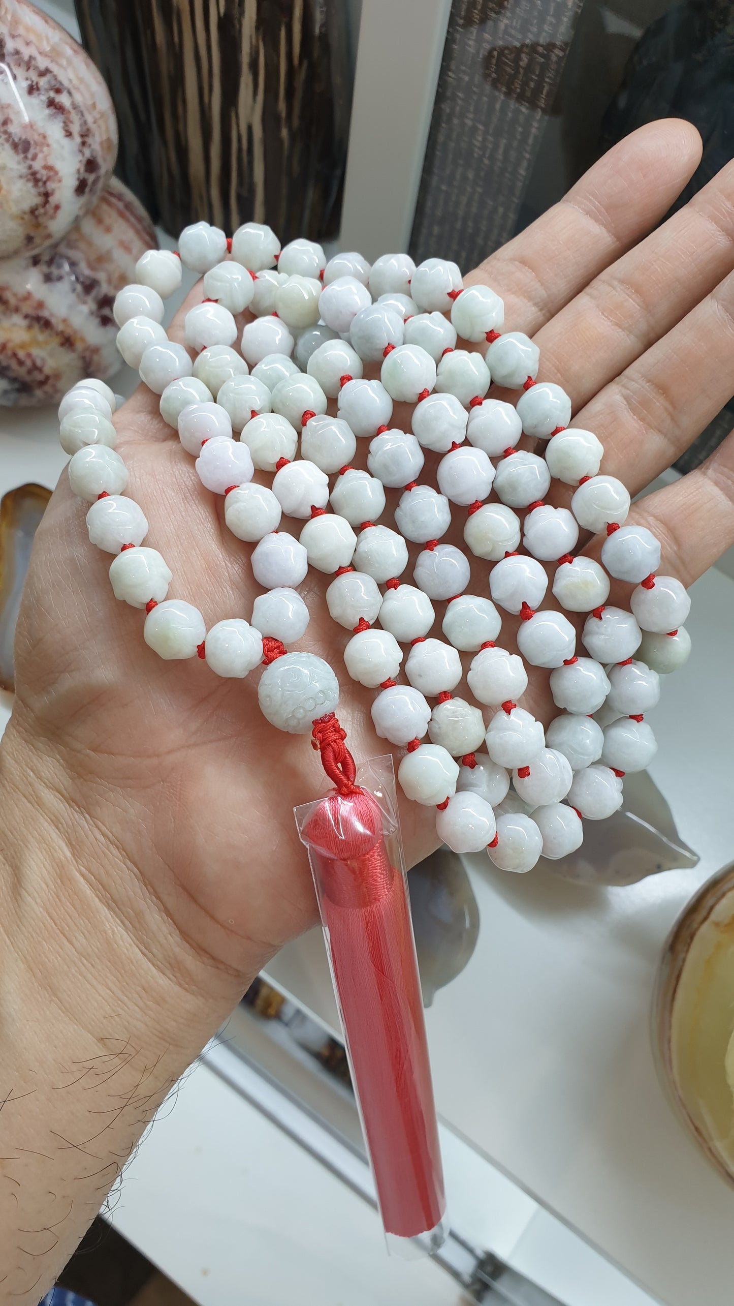 108 Beads Japa Mala - White Jade Lotus  Beads | Type A Natural Jadeite | Handcrafted Meditation Beads