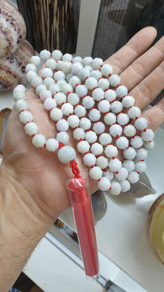108 Beads Japa Mala - White Jade Lotus  Beads | Type A Natural Jadeite | Handcrafted Meditation Beads