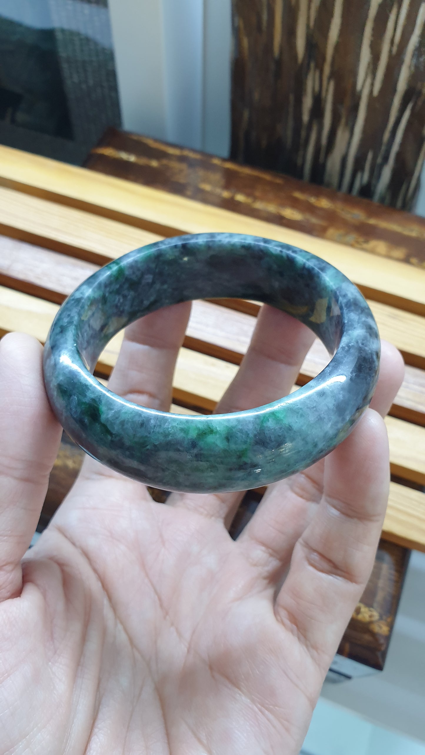 Natural Black Green Jadeite Bangle S57 Fei Cui Type A Myanmar Jade
