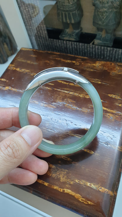 Elegant Cross on Jade Bangle (S 56 - 57) | Fei Cui Type A Jadeite & Sterling Silver | Statement Wrist Accessory