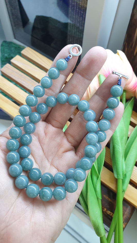 Blue Jade Beaded Choker 16inch 9K White Gold Type A Natural Jadeite