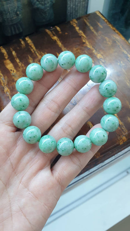 Jade Bracelet 17.5cm Speckled Green Type A Natural Jadeite 13.5mm Beads