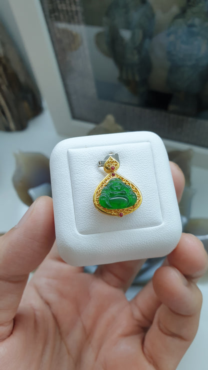 Imperial Jade Happy Buddha Bo Leaf Pendant | 18K Solid Gold | Fei Cui Natural Jadeite
