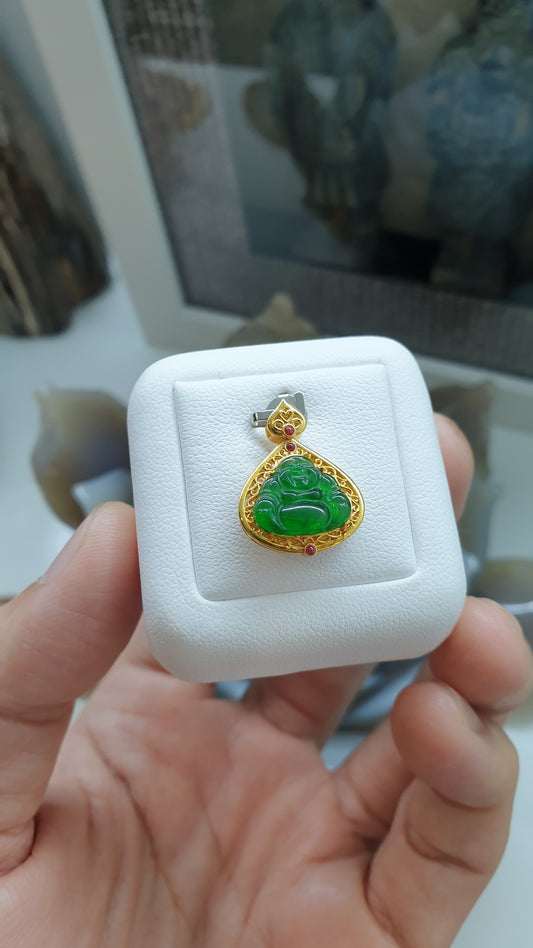 Imperial Jade Happy Buddha Bo Leaf Pendant | 18K Solid Gold | Fei Cui Natural Jadeite