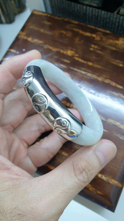 Yin Yang Jade Bangle (S 56 - 57) | Fei Cui Type A Jadeite & Sterling Silver | Statement Wrist Accessory
