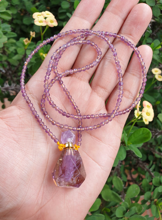 Amethyst Perfume Bottle in Beaded Necklace (24") | Cute Snuff Bottle Necklace