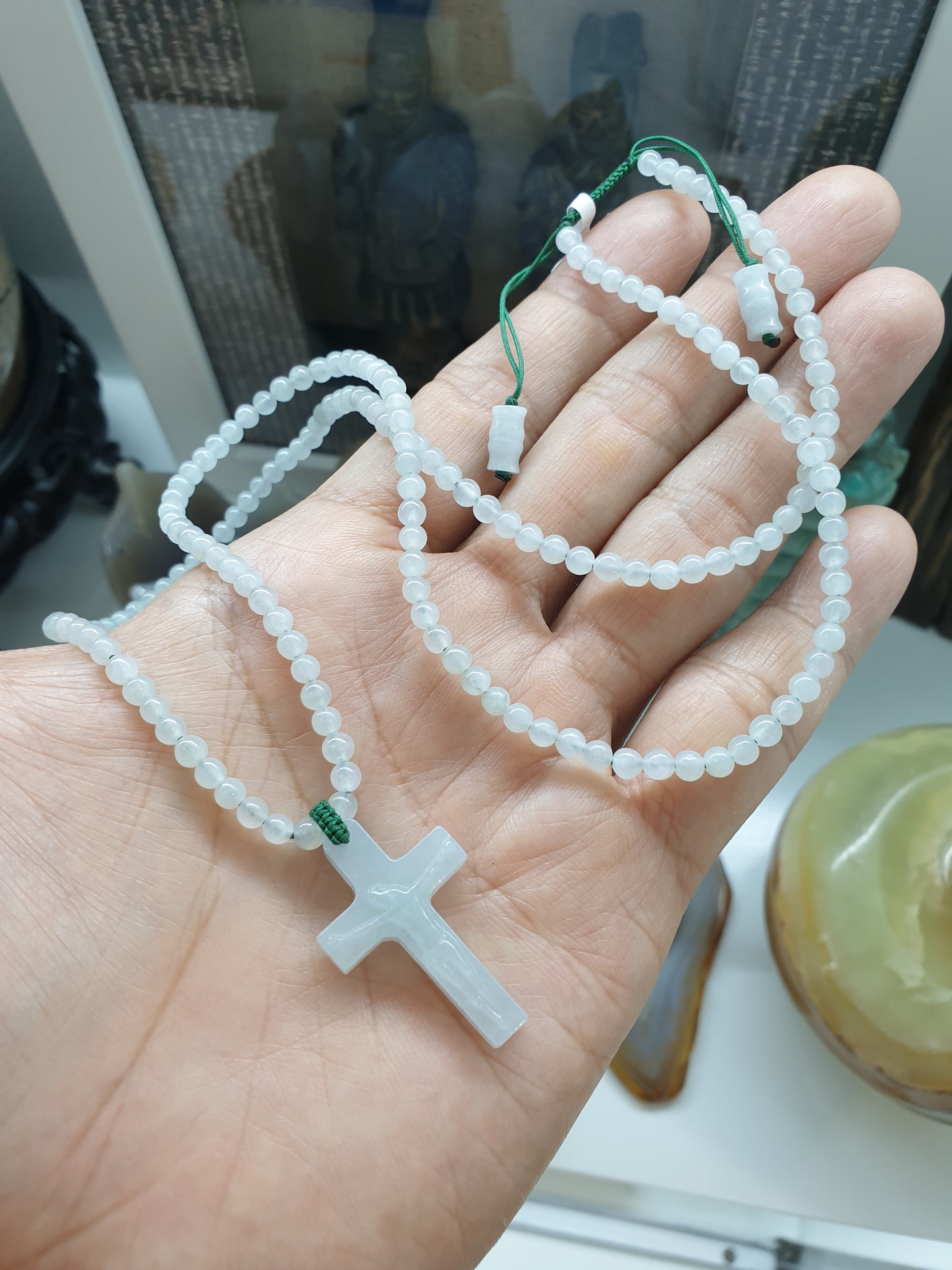White Crucifix on Icy White Jade beaded Necklace (25") | Fei Cui Type A Jadeite