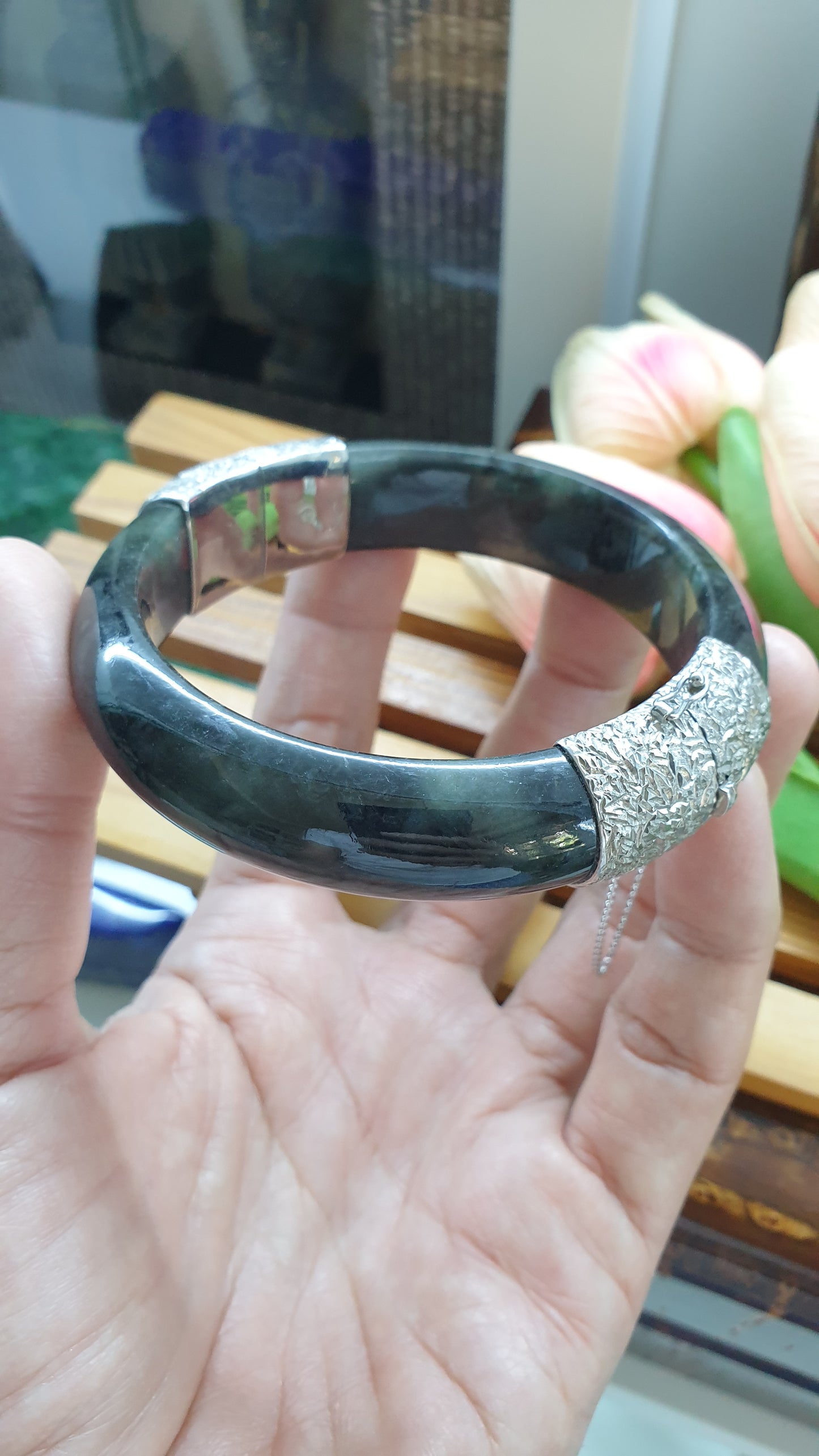 Jade Split Bangle S63 Natural Black Type A Myanmar Jadeite Sterling Silver Designer Locks