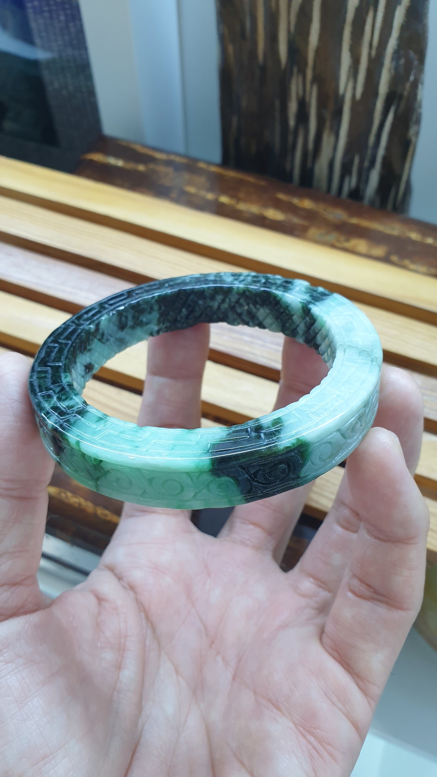Jade Ru Yi Bangle S59 Two Tone Green Type A Myanmar Natural Jadeite