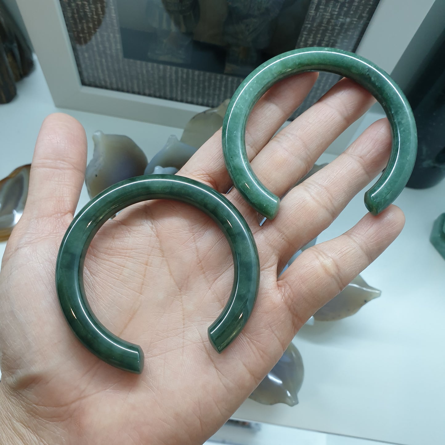 Jade Cuff Bangles Cylindrical Size 54 or 55.5 Natural Green Jadeite