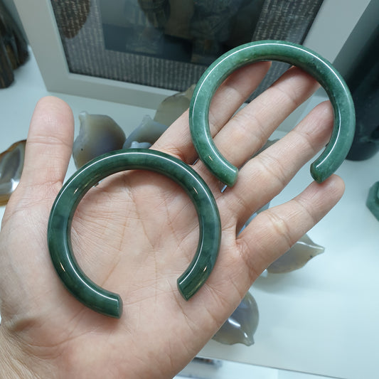 Jade Cylindrical Cuff Bangles (Size 54 or 55.5) | Type A - Natural Green Jadeite | Vintage Wrist Accessory