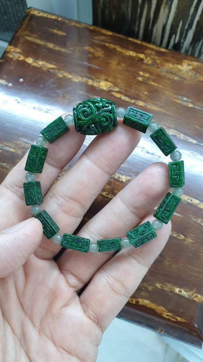 Type A Natural Green Jadeite Ru Yi Bracelet 17cm with Rectangular Beads