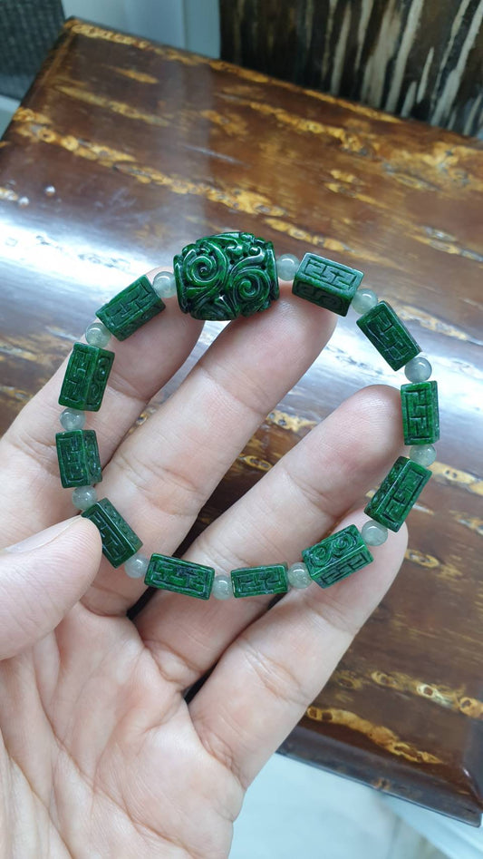 Type A Natural Green Jadeite Ru Yi Bracelet 17cm with Rectangular Beads