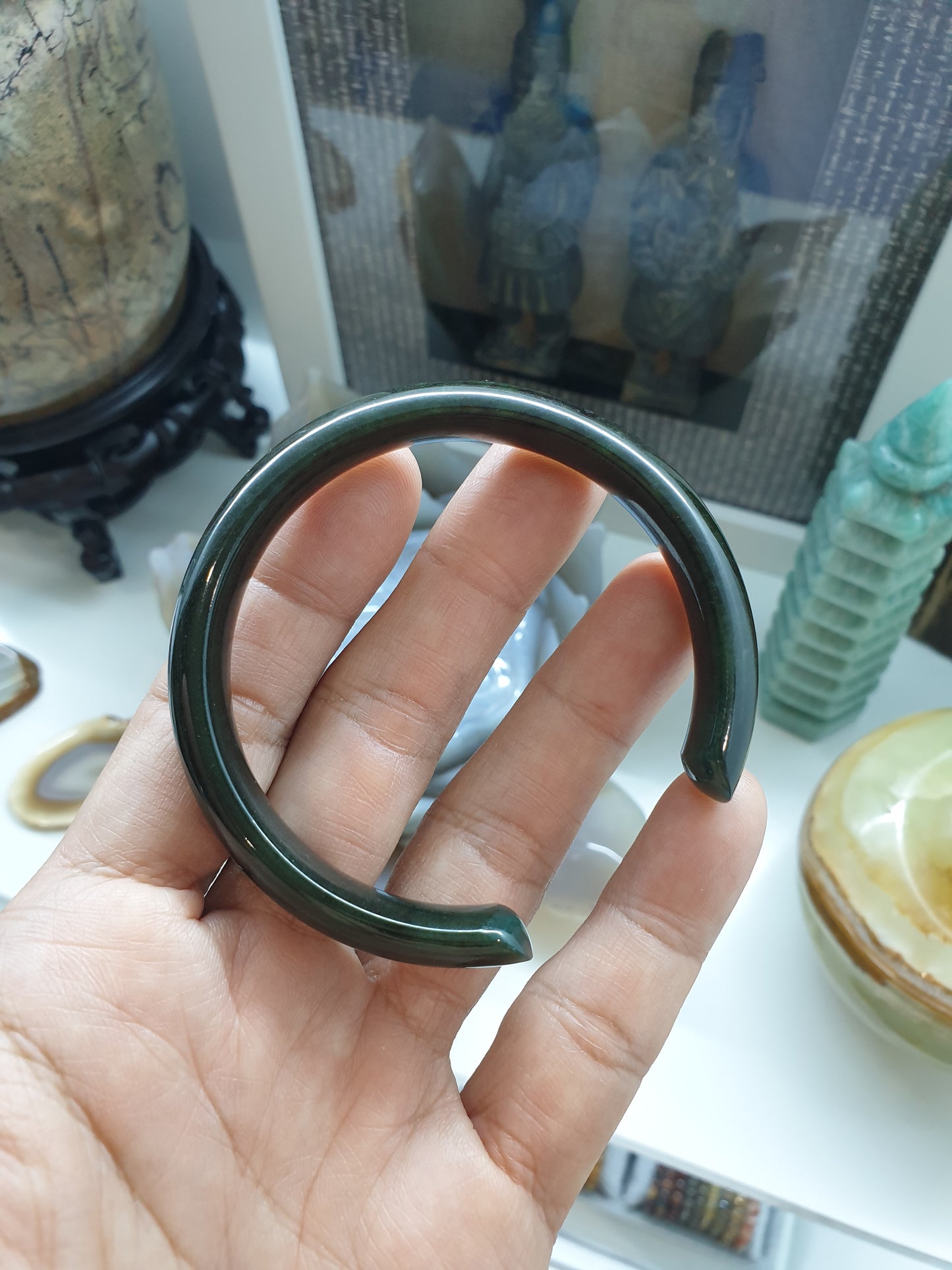 Jade Cuff Bangle Size 58 - 59 Type A - Natural Black-Green Jadeite
