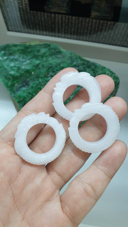 White Jade Dragon Auspicious Ring 9US Myanmar Type A Natural Jadeite