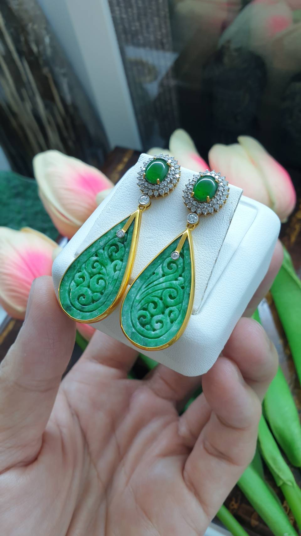 Ru Yi Jade Drop Earrings | Solid 18K Gold + Diamonds | Type A Natural Green Jadeite